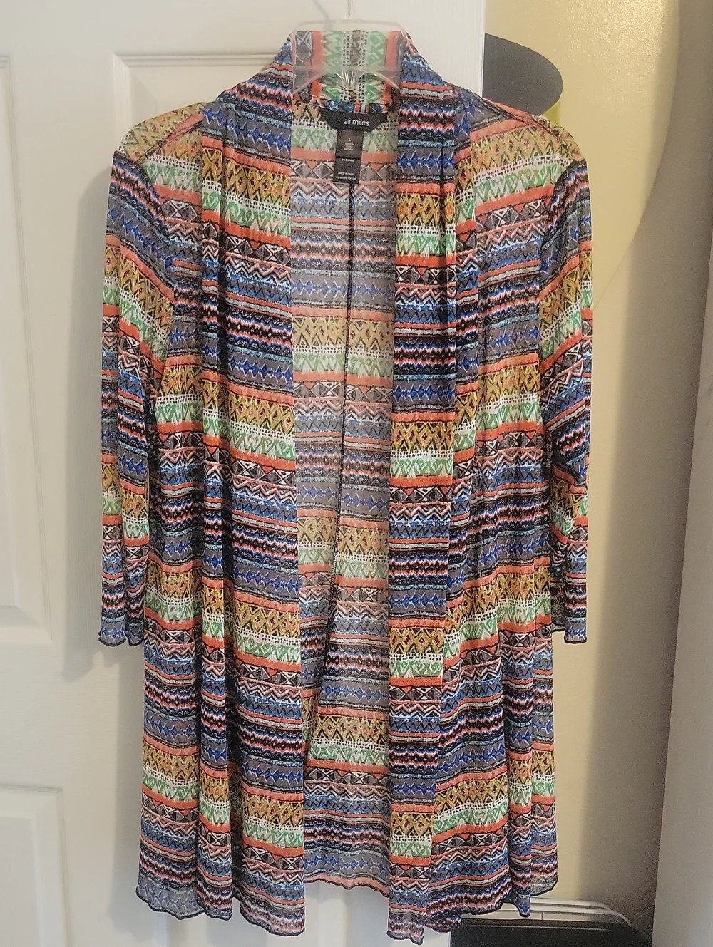 Ali Miles szLg Multicolor Aztec Knit Open Sheer Cardigan/Cover with stretch
